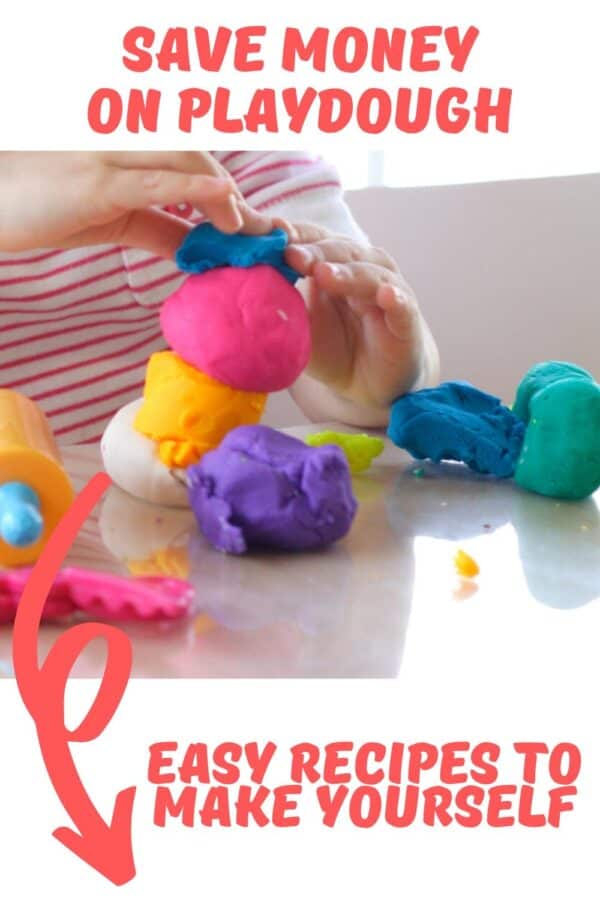 child playing with playdough in the centre with arrow down and text reading save money on playdough easy recipes to make yourself