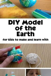 Collage of making and use a DIY model of the earth with kids for teaching and learning about the world