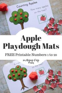 Collage of 2 images of the free printable apple playdough mats being used to count 5 and 10 apples on the tree