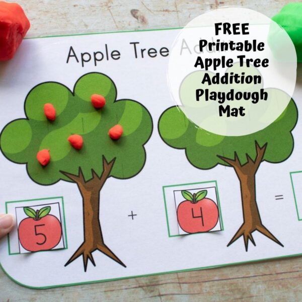 apple tree addition on a playdough mat red apples plus green apples text reads free printable apple tree addition playdough mat