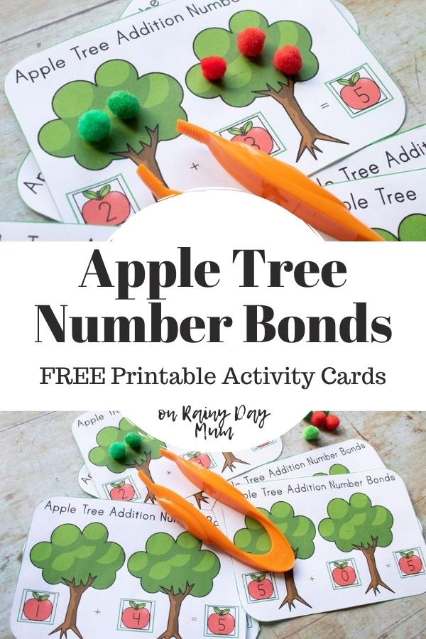 Pinterest Image for an Activity on Apple Tree Number Bonds with examples of the free printables in use
