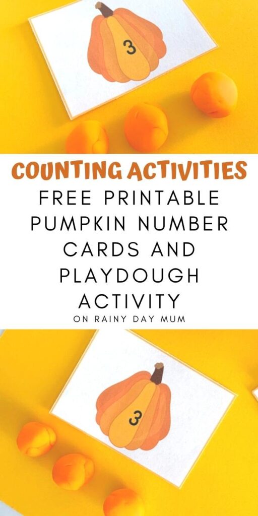 pumpkin playdough counting activity collage with free printable pumpkin number cards shown