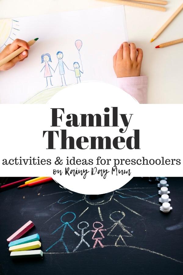 drawing of family by a preschooler above a chalk drawing of stick family text inbetween reads family themed activities and ideas for preschoolers