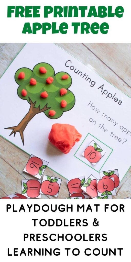 pinterest image for an apple playdough mat for preschoolers