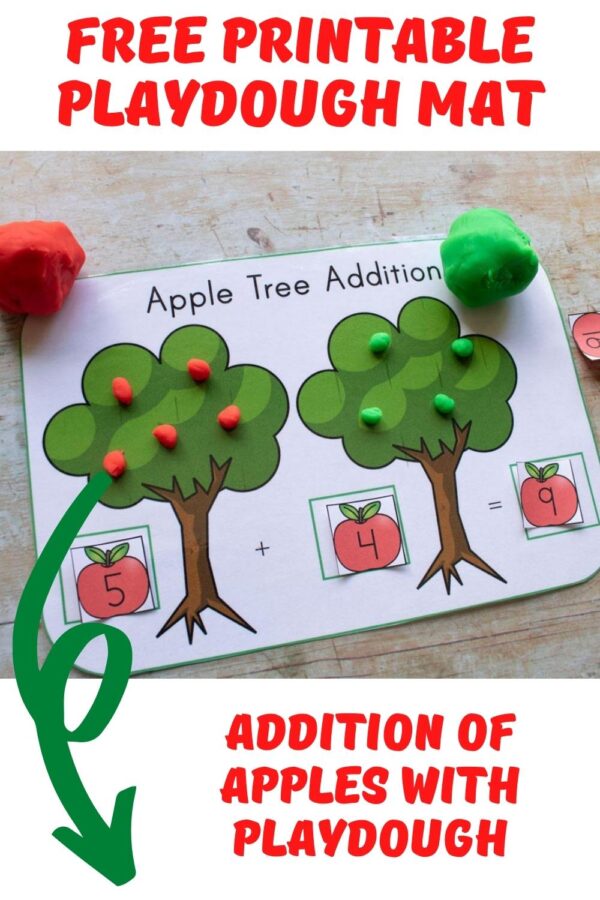 free printable playdough mat for addition with red and green apples Pinterest Image