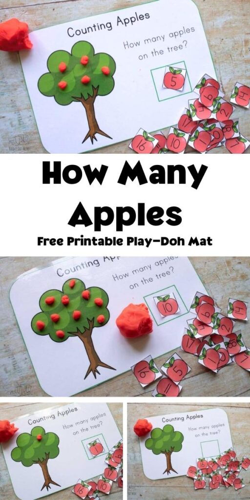 collage of images of a playdough mat featuring an apple tree being used. Pinterest Image for fall math activities for preschool