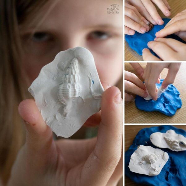 collage of creating cast fossils with kids