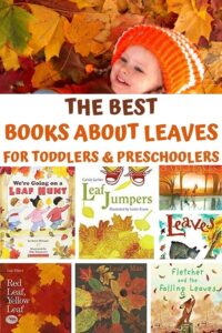 preschooler playing in the autumn leaves with covers of books to read aloud all about leaves