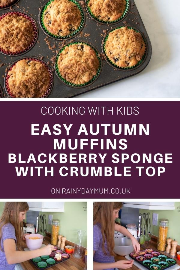 collage of cooking with kids easy blackberry muffins with a crumble top