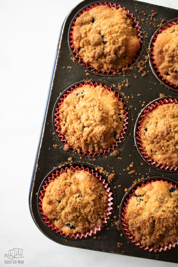 homemade from scratch blackberry crumble muffins to cook with kids in a muffin tin