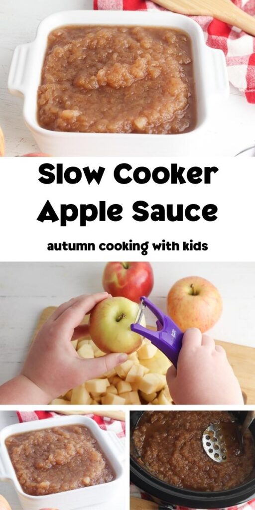 Collage of making apple sauce in the slow cooker