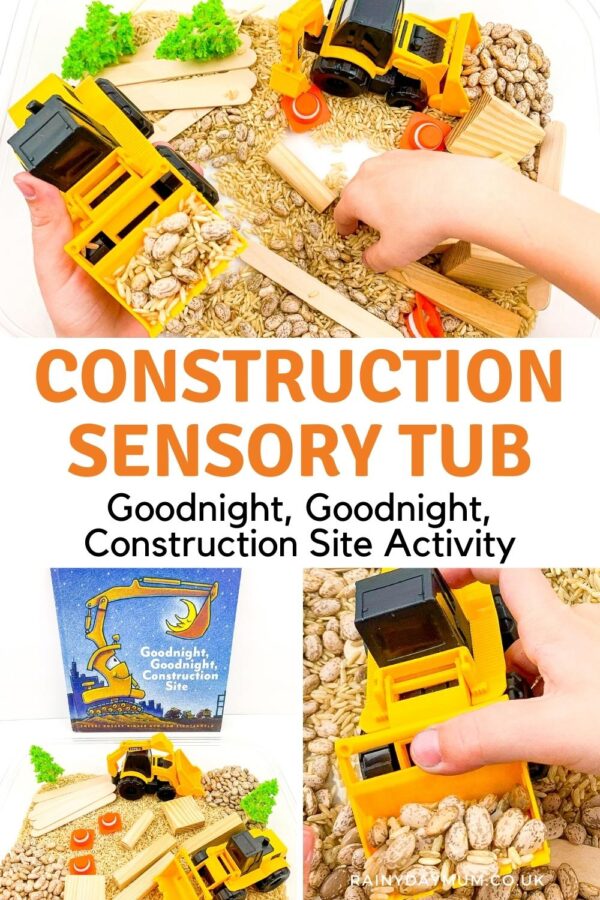 pinterest image for a construction sensory tub showing a collage of children playing in the tub and the book Goodnight Goodnight Construction Site to match with the activity. Text on the image reads Construction Sensory Tub Goodnight, Goodnight Construction Site Activity