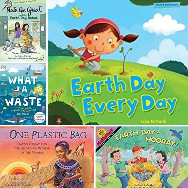 collage of covers of some of the books for primary aged kids that are recommended to read to learn about conservation, enviornment and more ideal for earth day