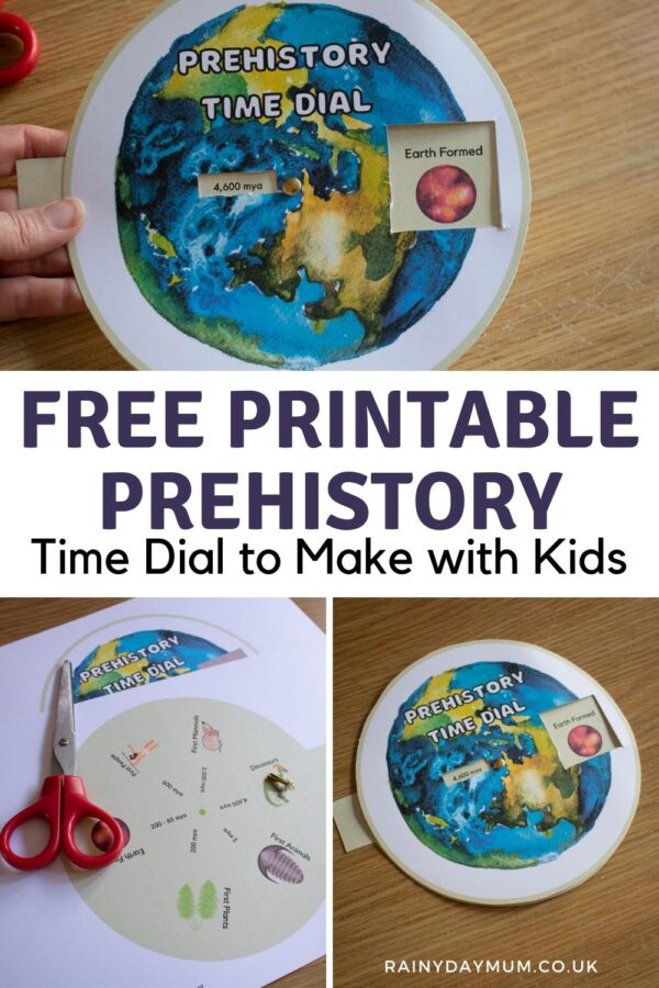 Pinterest image for a free printable prehistory time dial to make with kids
