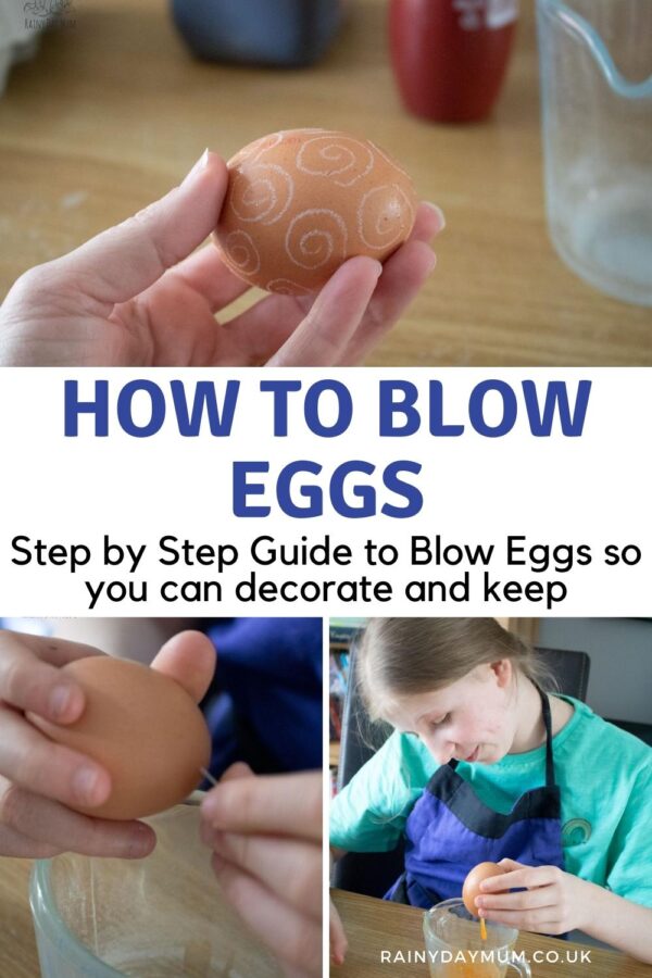Pinterest image for how to blow eggs showing an egg ready to be dyed, piercing the shells and removing the egg yolk from inside text reads How to Blow Eggs Step by Step Guide to Blow Eggs so you can decorate and Keep