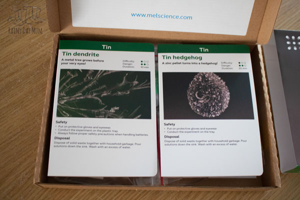 experiment booklets inside the subscription box from Mel Chemistry, experiment 1 is tin dendrites and experiment 2 a tin hedgehog