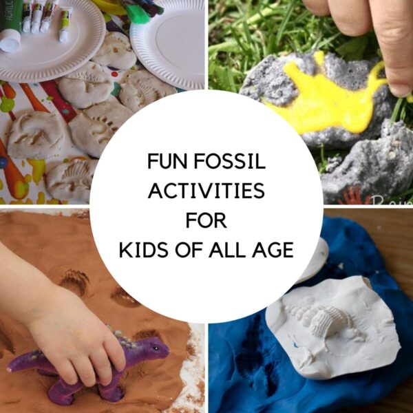 collage of 4 of the fun fossil activities for kids that can be done easily, salt dough fossils, fizzy fossil dinosaur egg excavation, trace fossils in taste safe mud and cast fossil creation