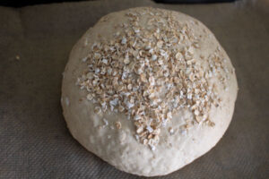 oats sprinkled on the top of a loaf of viking bread ready to go into the oven
