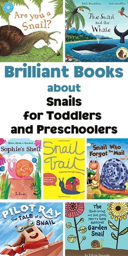 Pinterest image of the covers of books collated by Rainy Day Mum to read aloud with toddlers and preschoolers all about snails for nature study and fun