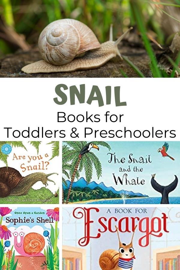pinterest collage of snail books suitable for toddlers and preschoolers