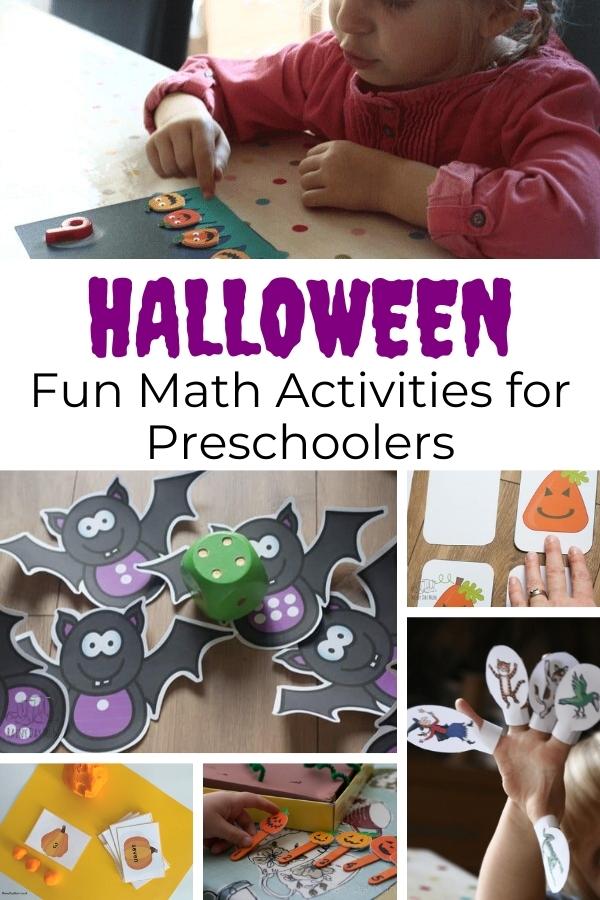 collage of Halloween Fun Math Activities for Preschooler created for use on Pinterest. Image shows a pumpkin counting activity, bat number game, playdough, pumpkin shape cards and more