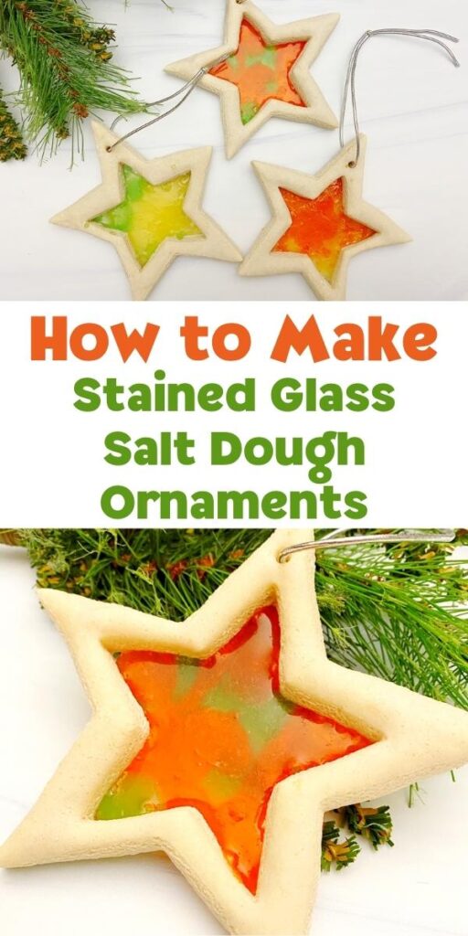 Pinnable image collage showing 3 stars and 1 close up of a star on How to Make Stained Glass Salt Dough Ornaments