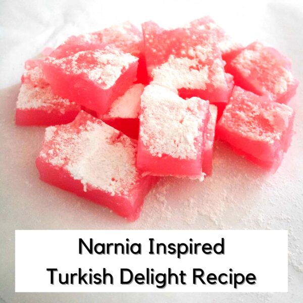 A pile of pink Turkish Delight cooked by a teen to go with the reading of The Chronicles of Narnia The Lion, The Witch and the Wardrobe