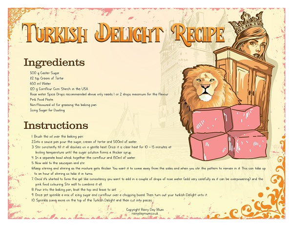 Printable Turkish Delight Recipe Card for Cooking with Kids whilst reading The Lion, The Witch and the Wardrobe