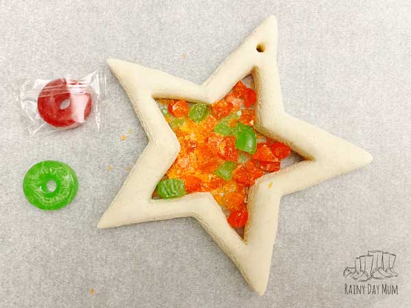 crushed hard candy to create a stained glass centre on a salt dough star