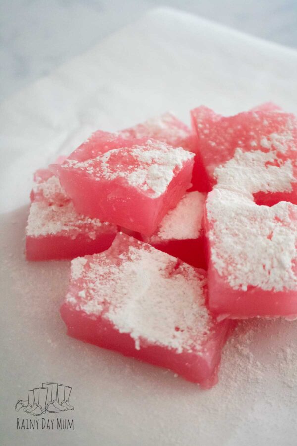 homemade Turkish delight by a teen cut into cubes and sprinkled with icing sugar