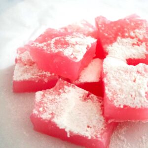 homemade rose flavoured turkish delight to cook with kids cubed and covered in icing sugar