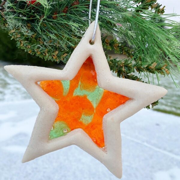 beautiful salt dough christmas tree ornament with a stained glass centre
