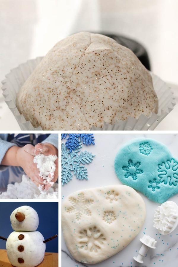 snow dough, cloud dough and white playdough recipes collage for winter sensory play with toddlers and preschoolers