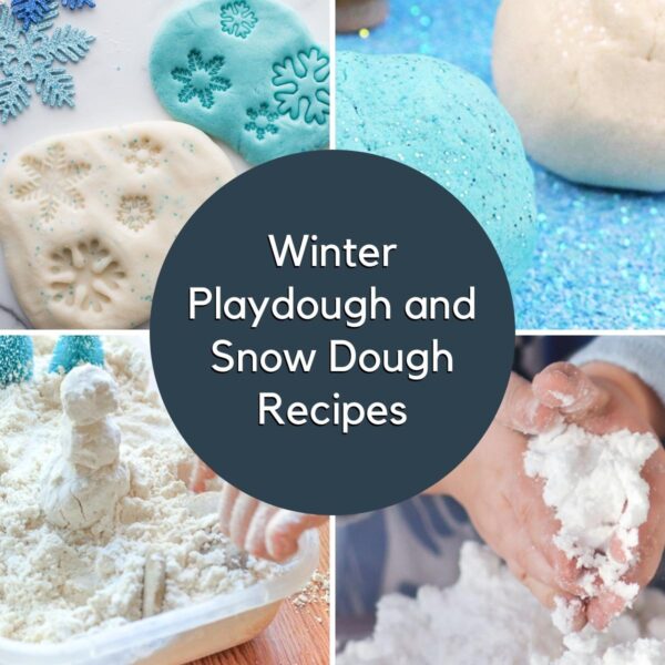 collage of 4 simple winter playdough and cloud dough recipes for kids text in the centre reads Winter Playdough and Snow Dough Recipes