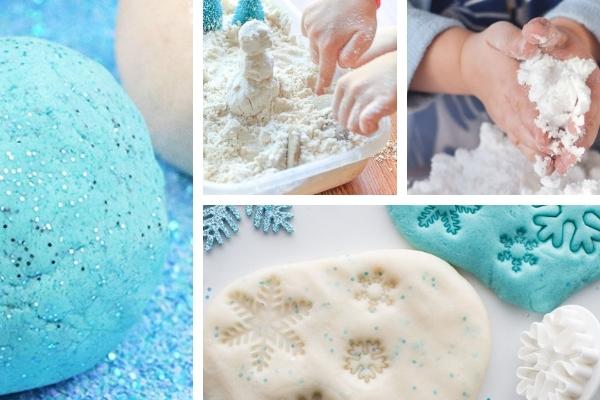 collage of some simple winter playdough and snow dough recipes for sensory play