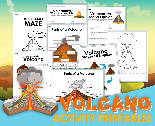preview of pages from the Volcano activity printables from Rainy Day Mum