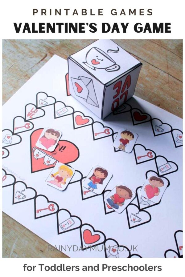 Printable Games pinnable image for a simple Valentine's Day Game for Toddlers and Preschoolers