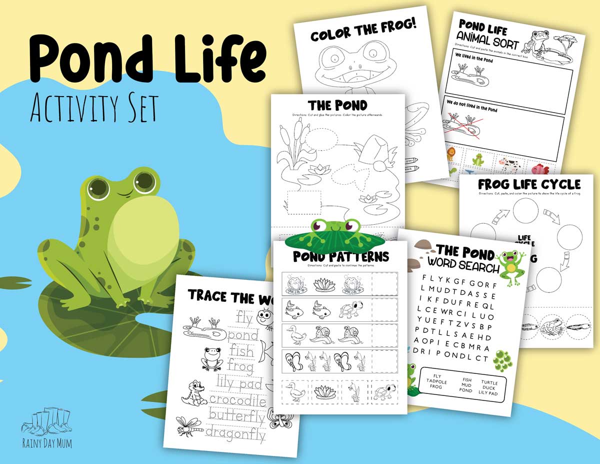 pages from the printable pond life activity set from Rainy Day Mum for preschools