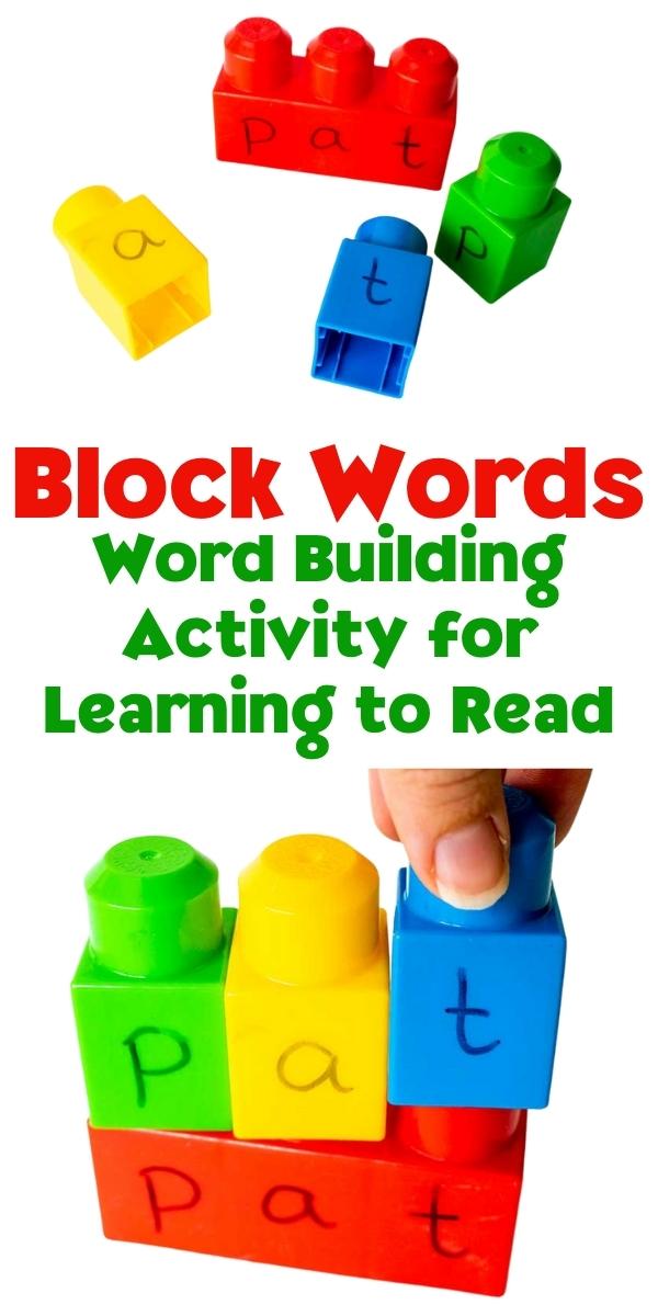 Pinterest image of a simple block word building activity for learning to read and spell cvc words